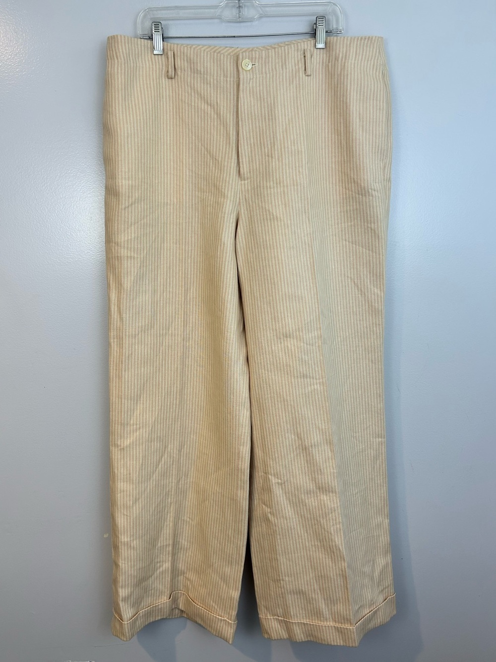 Vintage Ralph Lauren 100% Linen Cream/Ivory Striped Straight Leg Pants Size 16